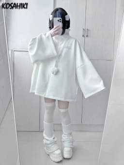 Spring Japanese Casual Solid Hoodies Women Loose Y2k Aesthetic Oversized Embroidery Coats Harajuku Zipper Grunge Sweatshirts
