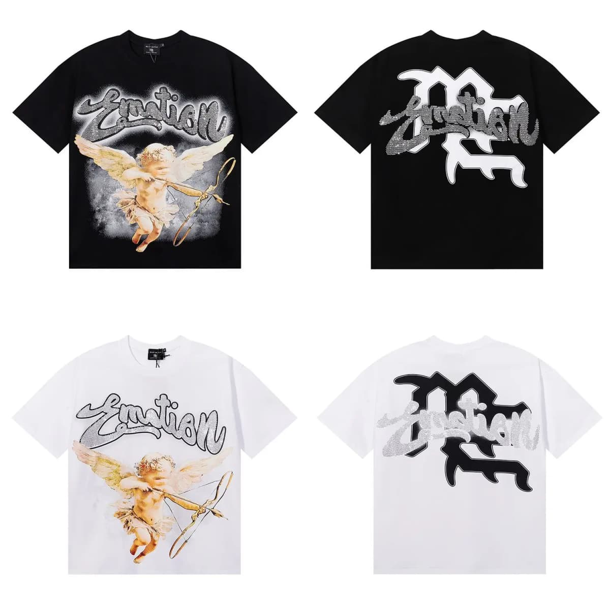 New Release RMIXED EMOTION Rhinestone Shirt Streetwear Cotton Loose Round Neck Top Tees Oversized Tee Top Trendy
