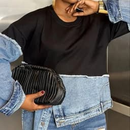 Mock Two-Piece Denim Insert Sweatshirt Raw-Edge Crewneck Long Sleeve Top Retro Fusion Pullover Women Chic Spring Fall Streetwear