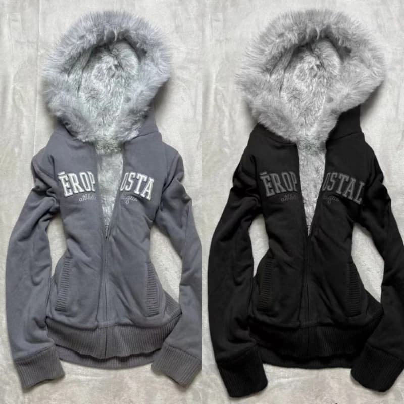 Y2K Retro Fur Collar Zipper  Hoodie Sweatshirts Women Kawaii Letter Graphic Print Tops Jacket Harajuku Gothic Sexy Slim Clothes