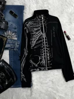 Vintage Skeleton Print Y2K Open Cardigan Hoodie Black Fleece Lined Stand Collar Unisex Long Sleeve Zipper Closure Streetwear