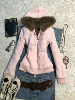 American Vintage Pink Furry Hoodie Women Y2K Harajuku Faux Fur Collar Jacket Fashion Slim Waist Belted Hot Girl Sweatshirt New