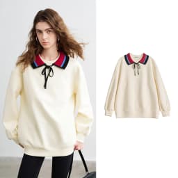 TOYOUTH Women Sweatshirts 2026 Spring New Cotton Knit Striped Turn-Down Collar Loose Fit Niche Stylish Tops