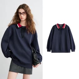 TOYOUTH Women Sweatshirts 2026 Spring New Cotton Knit Striped Turn-Down Collar Loose Fit Niche Stylish Tops
