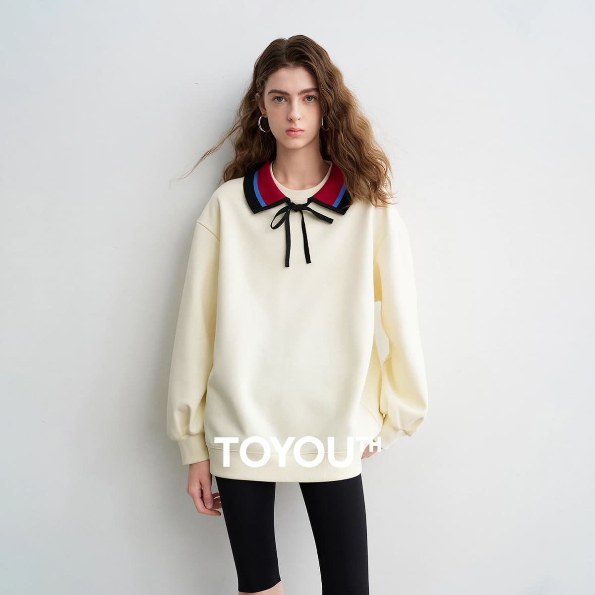 TOYOUTH Women Sweatshirts 2026 Spring New Cotton Knit Striped Turn-Down Collar Loose Fit Niche Stylish Tops