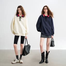 TOYOUTH Women Sweatshirts 2026 Spring New Cotton Knit Striped Turn-Down Collar Loose Fit Niche Stylish Tops