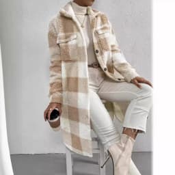 Women Long Plaid Fleece Sweatshirt Coat Autumn Winter Turn Down Collar Long Sleeve Pocket Button Loose Flurry X-Long Trench Coat