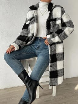 Women Long Plaid Fleece Sweatshirt Coat Autumn Winter Turn Down Collar Long Sleeve Pocket Button Loose Flurry X-Long Trench Coat