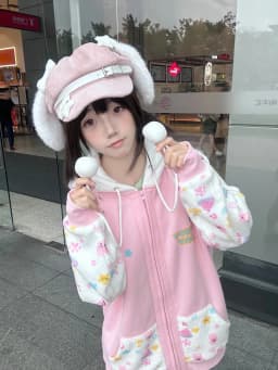 Harajuku Zip Hoodies Women Japanese Sweet Lolita Sweatshirts Kawaii Cartoon Print Y2k Hooded Overcoat Korean Fashion Clothes Top