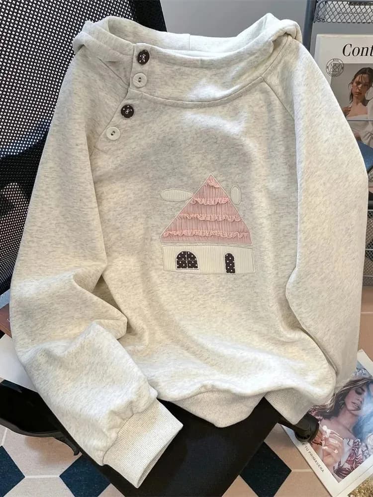Spring Cute Print Sweatshirt Women Long Sleeve Sweet Kawaii Pullover Japan Loose Female Preppy Style Buttons Vintage Hooded Tops
