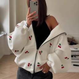 Women Cherry Printed Hoodies Spring Autumn Fashion Streetwear Female Casual Loose Hooded Sweatshirts Lady Chic Zipper Outerwear