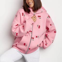 Women Cherry Printed Hoodies Spring Autumn Fashion Streetwear Female Casual Loose Hooded Sweatshirts Lady Chic Zipper Outerwear