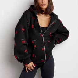 Women Cherry Printed Hoodies Spring Autumn Fashion Streetwear Female Casual Loose Hooded Sweatshirts Lady Chic Zipper Outerwear