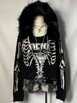 Fur Collar Hooded Jacket Fleece Punk Autumn Winter Hoodie American Retro Spicy Girl Subculture Skeleton Sweatshirt Sudadera