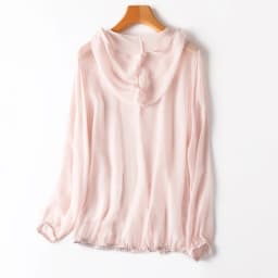 Women Hoodie 100% Mulberry Silk Thin Type Pink Buttons Down Cardigan Long Sleeve Coat Top Blouse Summer Beach Cover Up M1152