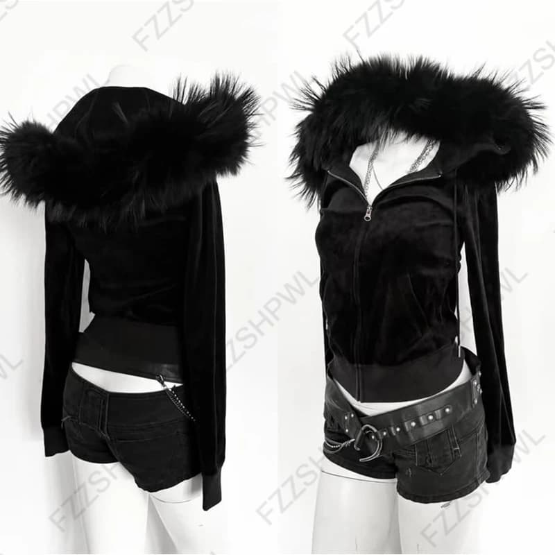 2026 Fall Winter Gothic Y2K Women's Hoodie Sexy Slim Casual Chic Fur Collar Cardigan Sweatshirt Grunge Harajuku Gyaru Streetwear