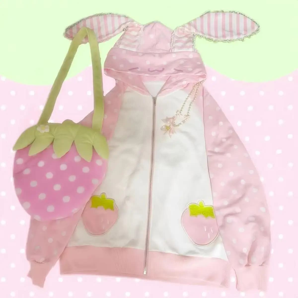 Dot Lace Patchwork Cute Coat Harajuku Chic Sweet Lovely Sweatshirts Japanese Kawaii Rabbit Ears Hoodies Tops Women Loose