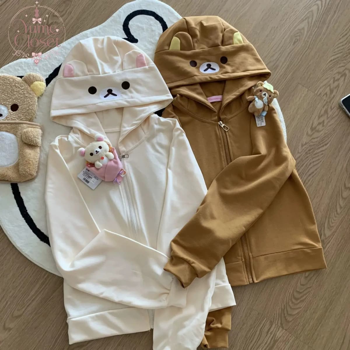 Kawaii Bear Ear Zip Up Hoodie Women Cartoon Face Long Sleeve Loose Fit White Brown Hooded Sweatshirt Autumn Winter Casual Jacket