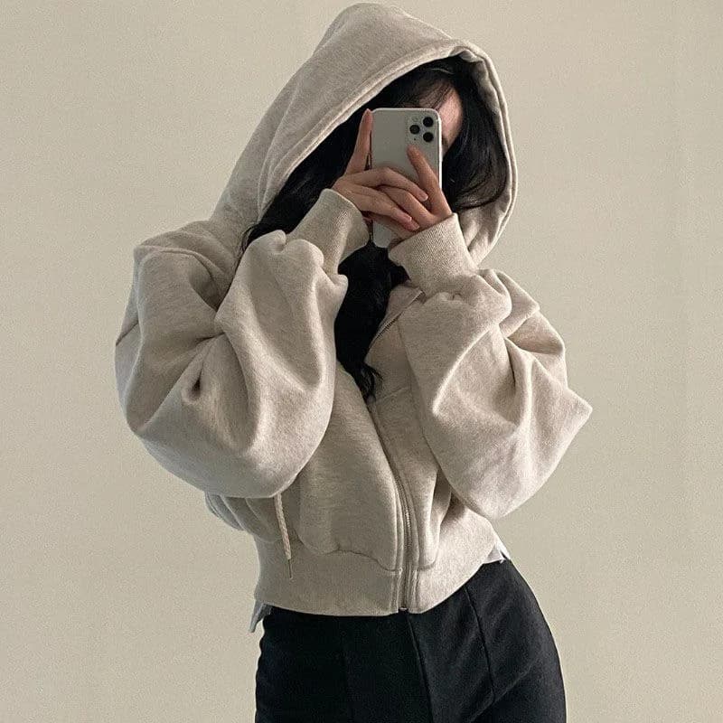 2024 Autumn Winter New Ins Women's Fleece Lined Slim Fit Zipper Warm Color Hoodie Sweatshirt Thickened Long Sleeve
