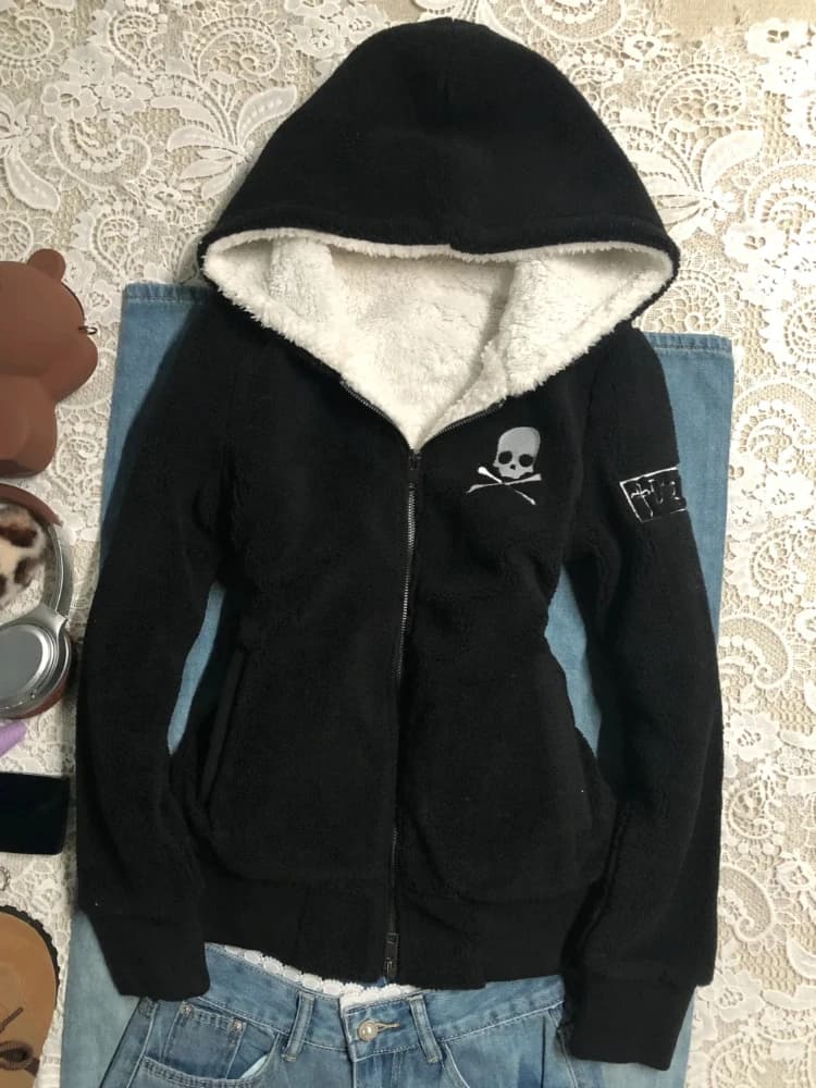 Subculture Cross Y2k Lamb Wool Jackets Women Gothic Hoodies Skull Grunge Zipper Streetwear Harajuku Female Vintage Casual Coat
