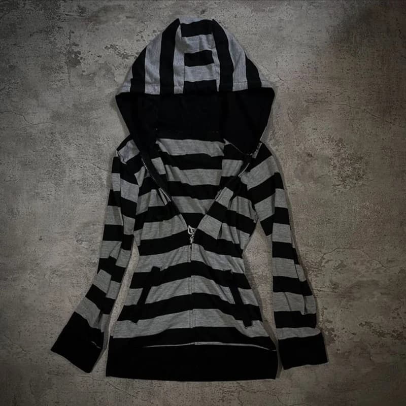 American Retro Vintage Boutique Sweet Strip Print Hooded Sweater Jacket Top Women High Street Subculture Hoodies Cool Y2K Gray