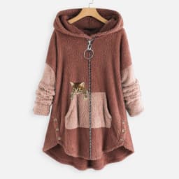 Hoodie Coat Jacket Women Hooded sweatshirt Patchwork Cat Print Zipper Thick Overcoat Streetwear Female Autumn Winter Outerwear
