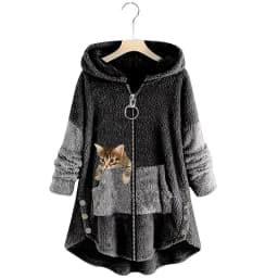Hoodie Coat Jacket Women Hooded sweatshirt Patchwork Cat Print Zipper Thick Overcoat Streetwear Female Autumn Winter Outerwear