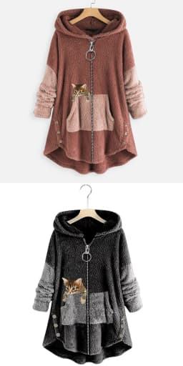 Hoodie Coat Jacket Women Hooded sweatshirt Patchwork Cat Print Zipper Thick Overcoat Streetwear Female Autumn Winter Outerwear