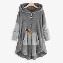 Hoodie Coat Jacket Women Hooded sweatshirt Patchwork Cat Print Zipper Thick Overcoat Streetwear Female Autumn Winter Outerwear
