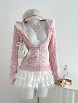 Cute Pink Leopard Pint Hooded Y2k Clothes Aesthetic 2000s Vintage Kpop Women's Sweatshirts Zip-up Grunge Gyaru Hoody Gothic Top