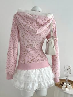 Cute Pink Leopard Pint Hooded Y2k Clothes Aesthetic 2000s Vintage Kpop Women's Sweatshirts Zip-up Grunge Gyaru Hoody Gothic Top