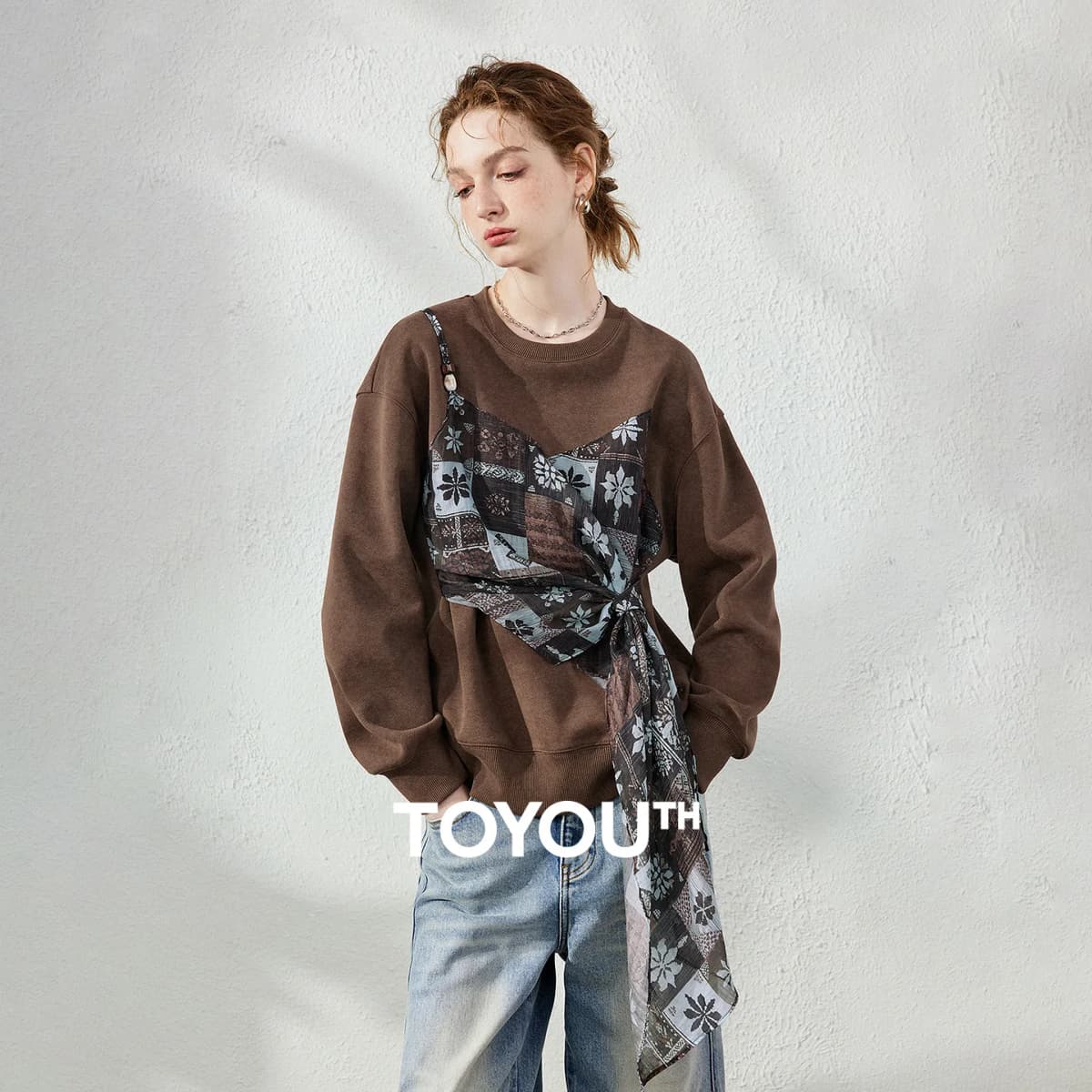 TOYOUTH Women's Fake Two Piece Spliced Sweatshirt Fall 2026 Loose Wrap Design Urban Nomad Retro Pullover Top