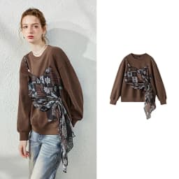 TOYOUTH Women's Fake Two Piece Spliced Sweatshirt Fall 2026 Loose Wrap Design Urban Nomad Retro Pullover Top
