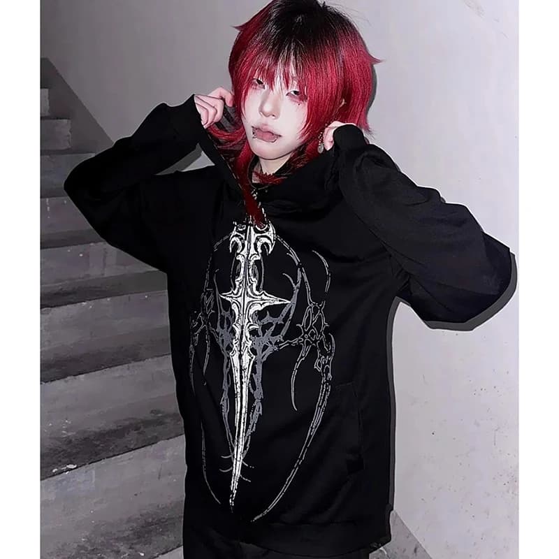 Harajuku Y2K Subculture Women Hoodie Long Sleeve Gothic Halloween Black Coat Punk Loose Spring Fall Streetwear Top