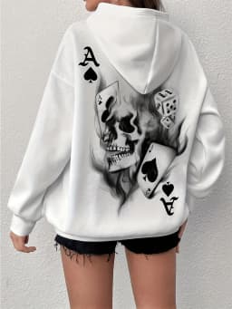Women's Autumn and Winter Fashionable Casual Loose Geometric Skull Pattern with Plush Warm Long-Sleeved Hooded Sweatshirt