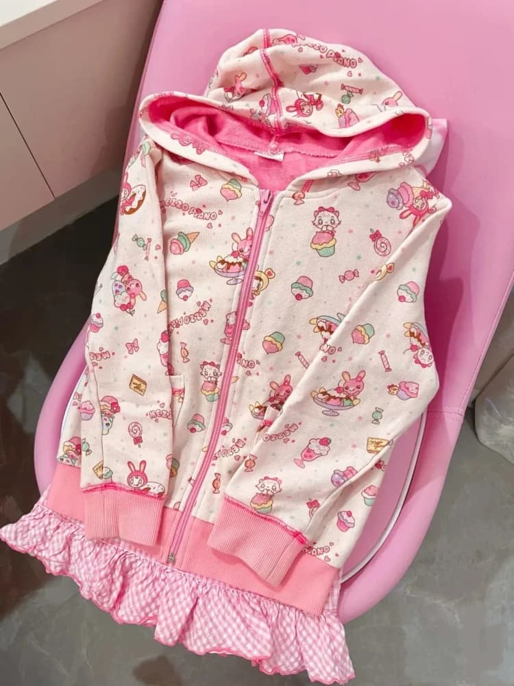 Autumn Subcultural Harajuku Y2k Hoodie Sweatshirts Cute Strawberry Rabbit Print Casual Jackets Loose Long Sleeve Coat Women