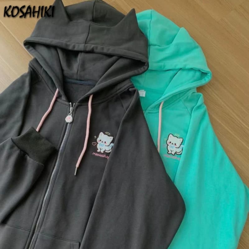 Japanese Cartoon Embroidery Y2k Aesthetics Hoodies Women Zipper Oversized Jackets 2025 Autumn Drawstring Casual Sweatshirt Tops