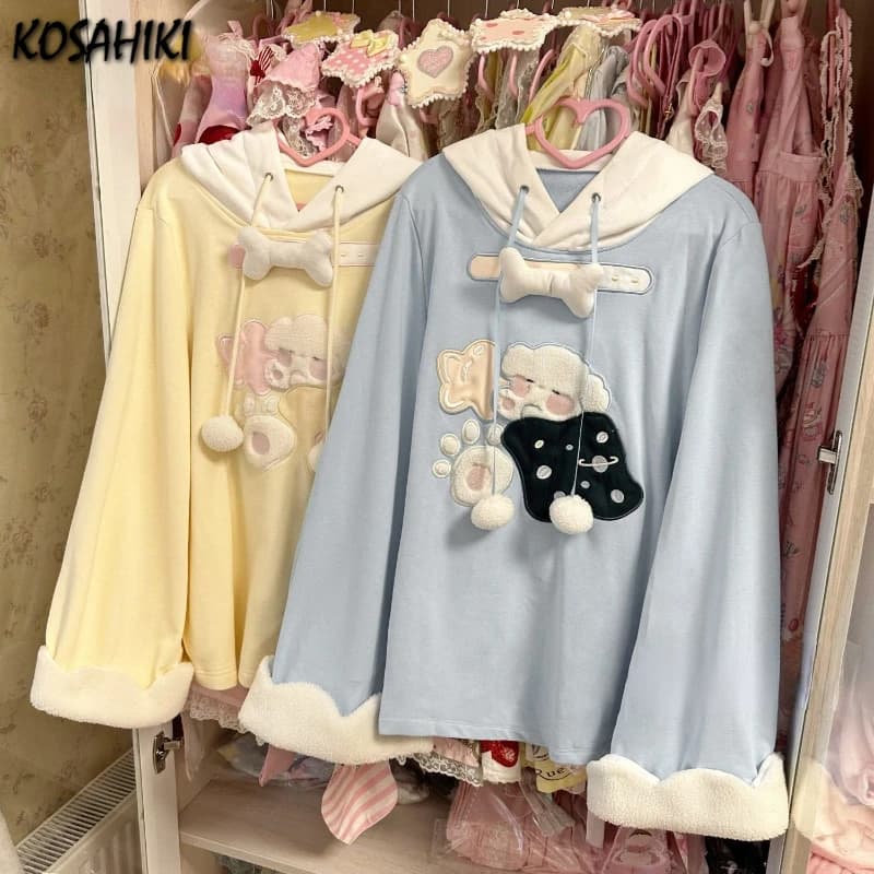 2026 Japanese Cartoon Embroidery Hoodies Tops Women Autumn Harajuku Drawstring Pullovers Patchwork Kawaii Cute Casual Sweatshirt