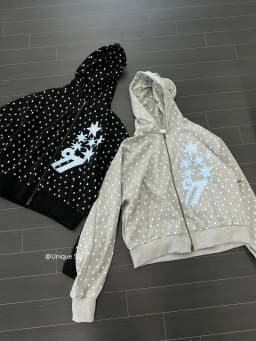 Loose Fit Hooded Sweatirt with Digital Patch Street Sle Star Polka Dot Print Two Piece Set Casual Comfortable ex Oute...