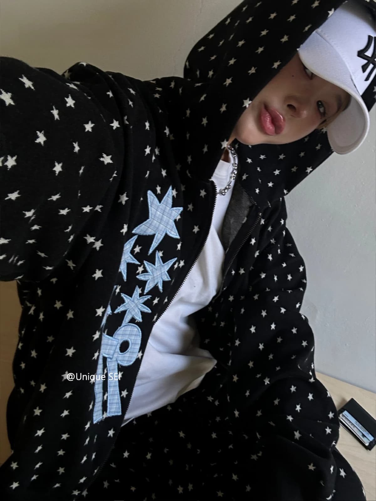 Loose Fit Hooded Sweatirt with Digital Patch Street Sle Star Polka Dot Print Two Piece Set Casual Comfortable ex Oute...