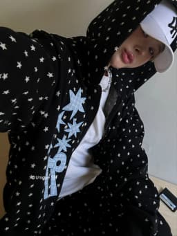 Loose Fit Hooded Sweatirt with Digital Patch Street Sle Star Polka Dot Print Two Piece Set Casual Comfortable ex Oute...