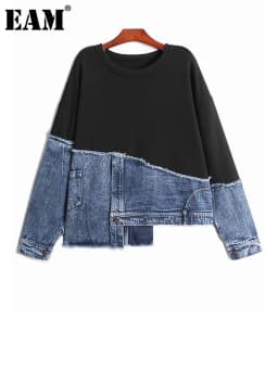 [EAM] Black Denim Irregular Casual Sweatshirt New Round Neck Long Sleeve Women Big Size Fashion Tide Spring Autumn 2026 1DH5370