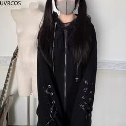 Japanese Kawaii Cat Ears Hooded Hoodies Women Y2k Aesthetic Grunge Casual Bandage Zipper Sweatshirt Fashion Trend Sportswear Top