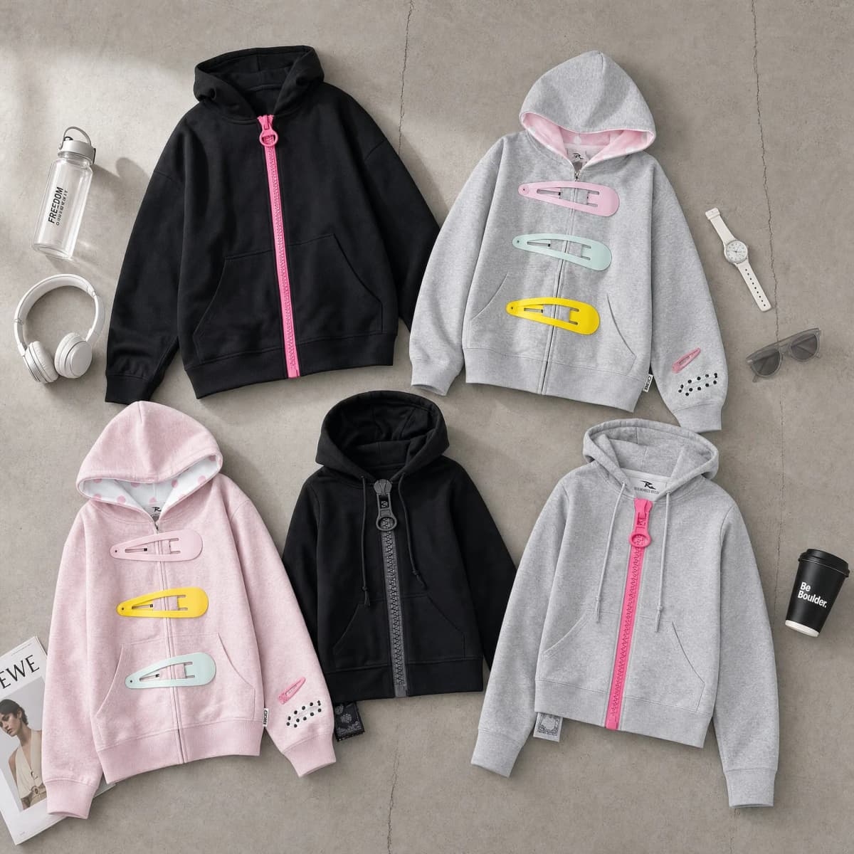 Womens Oversized Zip Up Hoodie Colorful Giant Hair Clip Barrette Pink Black Grey Long Sleeve Cropped Sweatshirt Hooded Jacket