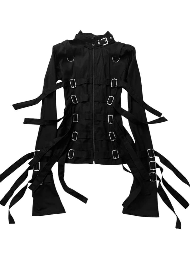 Punk Goth Bondage Strap Buckle Jacket Women Zip‑Up Flare Long Sleeve Top Dark Aesthetic Y2K StreetwearAdjustable StrapOuterwear