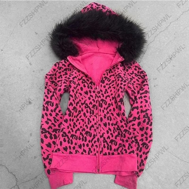 Plush Leopard Pattern Hoodie High Street Urban Beauty 90S Tops Trash Punk American Hip-Hop Rock Retro Chic Casual Women's Hoodie