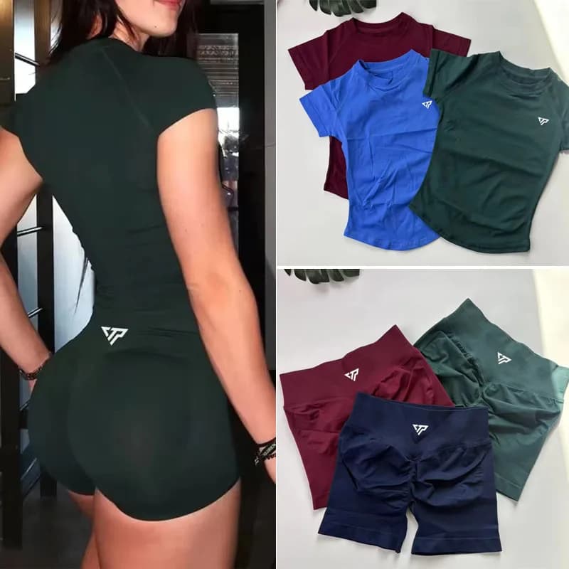Keep That Pump 2 Piece Seamless Leggings with Recoil Scrunch Shorts Yoga Short Sleeve Women's Gym Tight Hip Workout Short