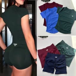Keep That Pump 2 Piece Seamless Leggings with Recoil Scrunch Shorts Yoga Short Sleeve Women's Gym Tight Hip Workout Short
