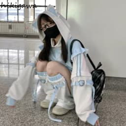 Japanese Hoodies Jackets Y2k Tops Streetwear Fashion Outwear Hooded Zipper Ruffles Sweatshirts Coat Contrast Color Casual Hoodie