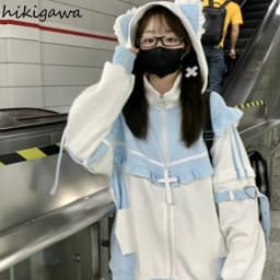 Japanese Hoodies Jackets Y2k Tops Streetwear Fashion Outwear Hooded Zipper Ruffles Sweatshirts Coat Contrast Color Casual Hoodie